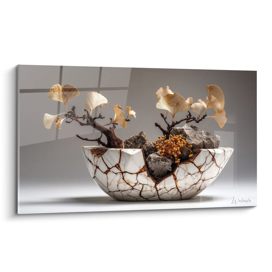 Cuadro arreglo floral de ginkgo dorado en cuenco de mármol blanco agrietado - Armonía Zen - Edición Ikebana