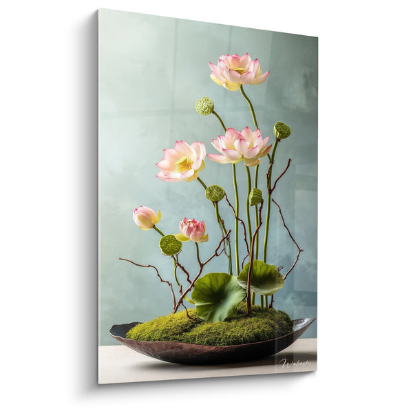 Tabel Lotus Rozen en Wit op Mos in Donkere Vaas - Florale Rust - Editie Ikebana