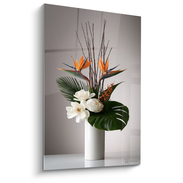 Floral composition wall art birds of paradise and white magnolias modern vase - Tropical Harmony - Ikebana Edition