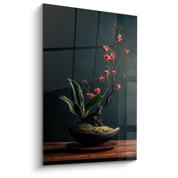 Tafel Orchidee Rood en Mos in Zwarte Vaas - Zen Evenwicht - Editie Ikebana