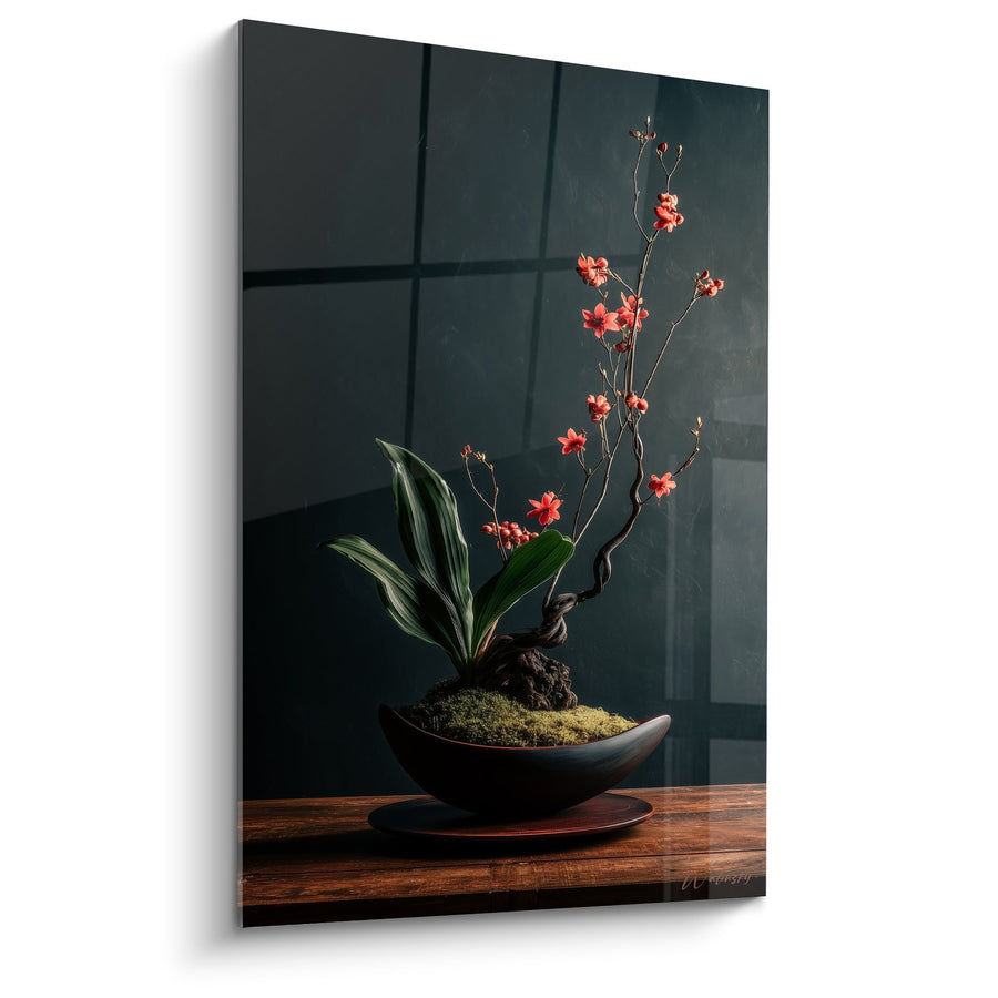 Tableau Orchidée Rouge et Mousse dans Vase Noir - Équilibre Zen - Edition Ikebana