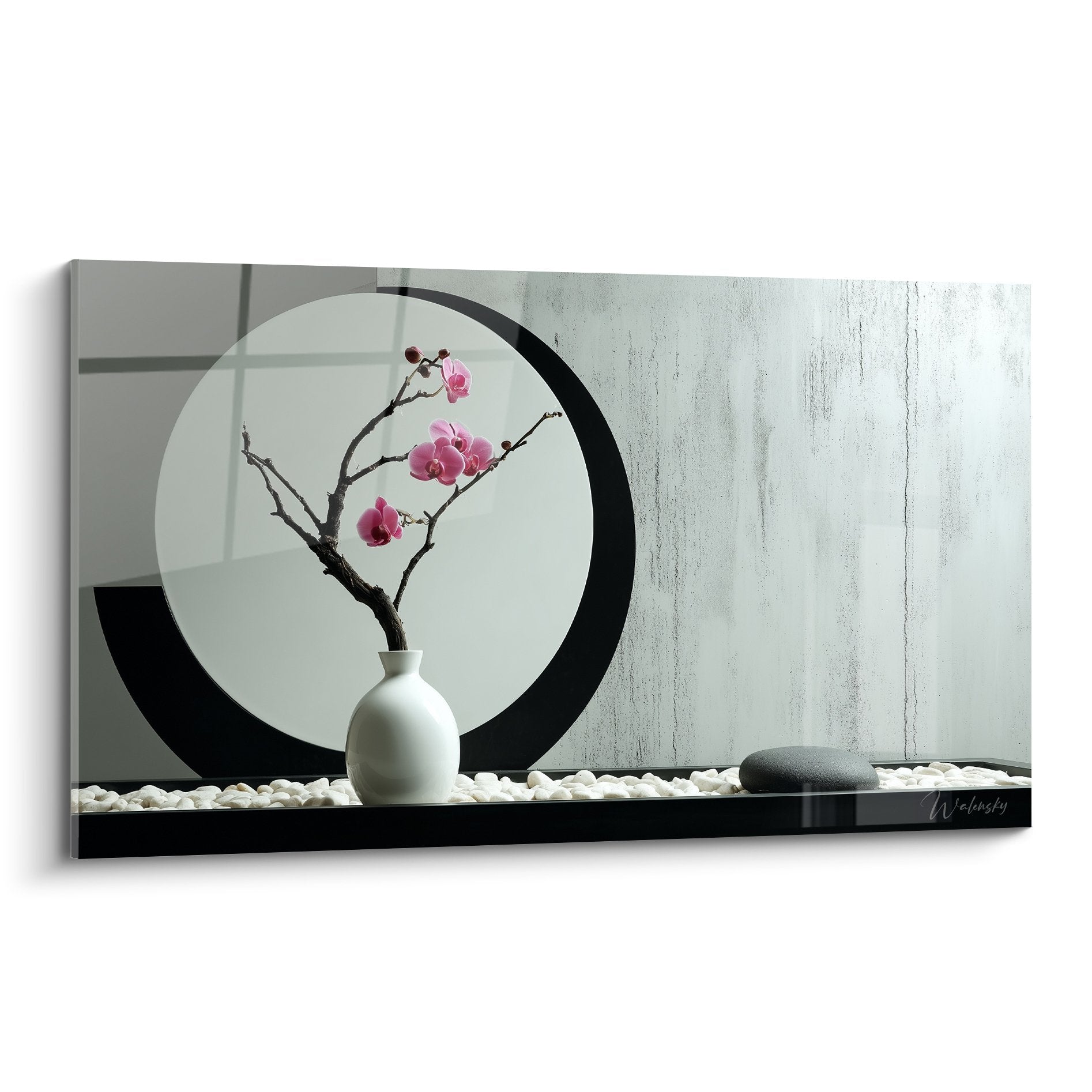 Zen artwork pink orchids white vase black circle white pebbles minimalist ikebana composition