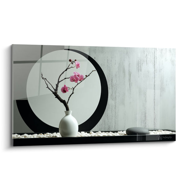 Tabeltak Takken Roze Orchideeën in Witte Vaas en Zwarte Cirkel - Zen Harmonie - Editie Ikebana