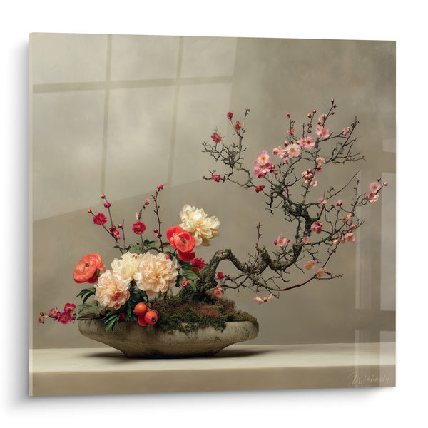 Schilderij Bloemencompositie met Pioenrozen en Bloemtakken in Vaas - Lente Harmonie - Ikebana Editie