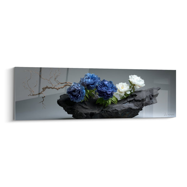 Schilderij Bloemenarrangement Blauwe en Witte Pioenrozen op Vulkanisch Steen - Zen Harmonie - Ikebana Editie