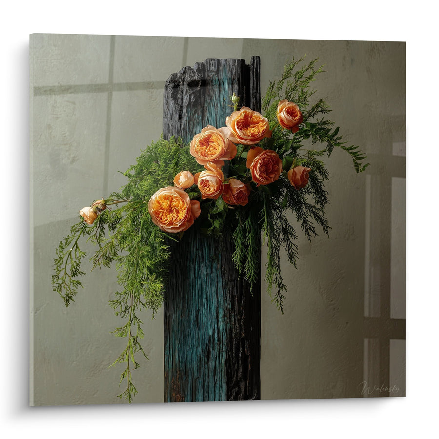 Tableau Roses Orange et Verdure sur Bois Brûlé - Harmonie Naturelle - Edition Ikebana