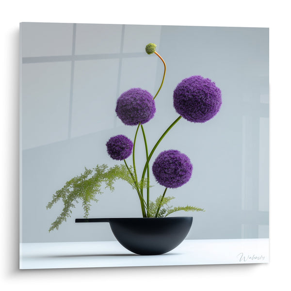 Tableau Arrangement Floral Sphères Violettes et Feuillage Délicat - Harmonie Contemporaine - Edition Ikebana