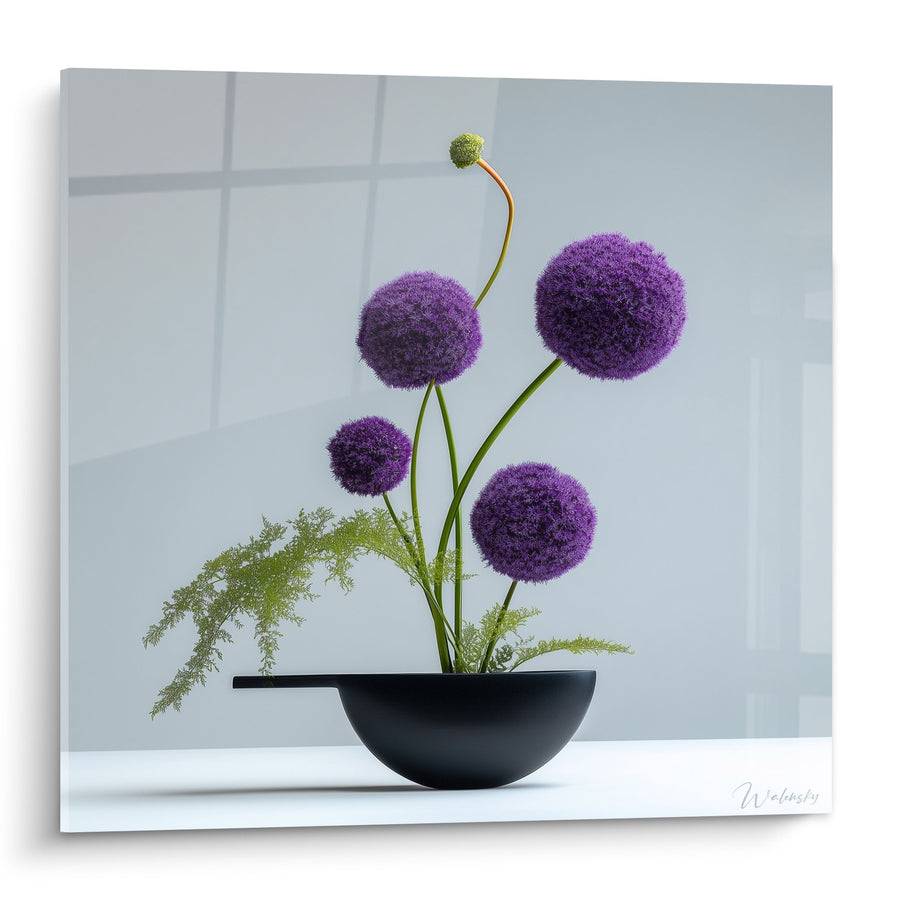 Tableau Arrangement Floral Sphères Violettes et Feuillage Délicat - Harmonie Contemporaine - Edition Ikebana