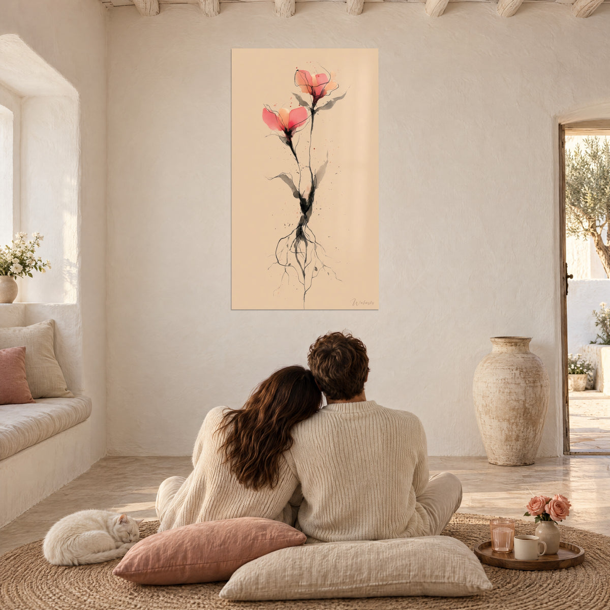 Cuadro de una planta japonesa en rosa y naranja, raíces de tinta negra, fondo crema, pareja de espaldas sobre cojines, gato al lado
