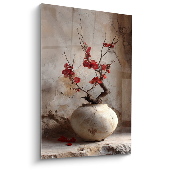Schilderij Vaas Beige met Bloeiende Takken Rode op Getextureerde Achtergrond - Harmonie Zen - Editie Ikebana