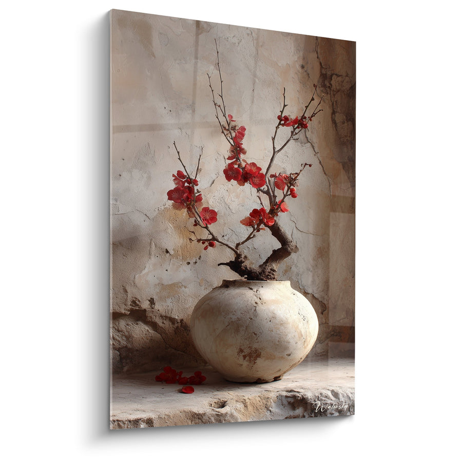 Tableau Vase Beige avec Branches Fleuries Rouges sur Fond Texturé - Harmonie Zen - Edition Ikebana