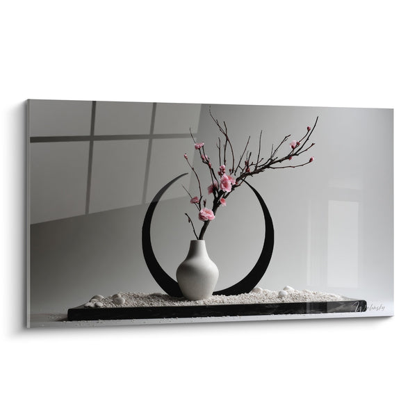 Cuadro Jarra Blanca Ramas Florecientes Rosas Composición Minimalista - Serenidad Zen - Edición Ikebana