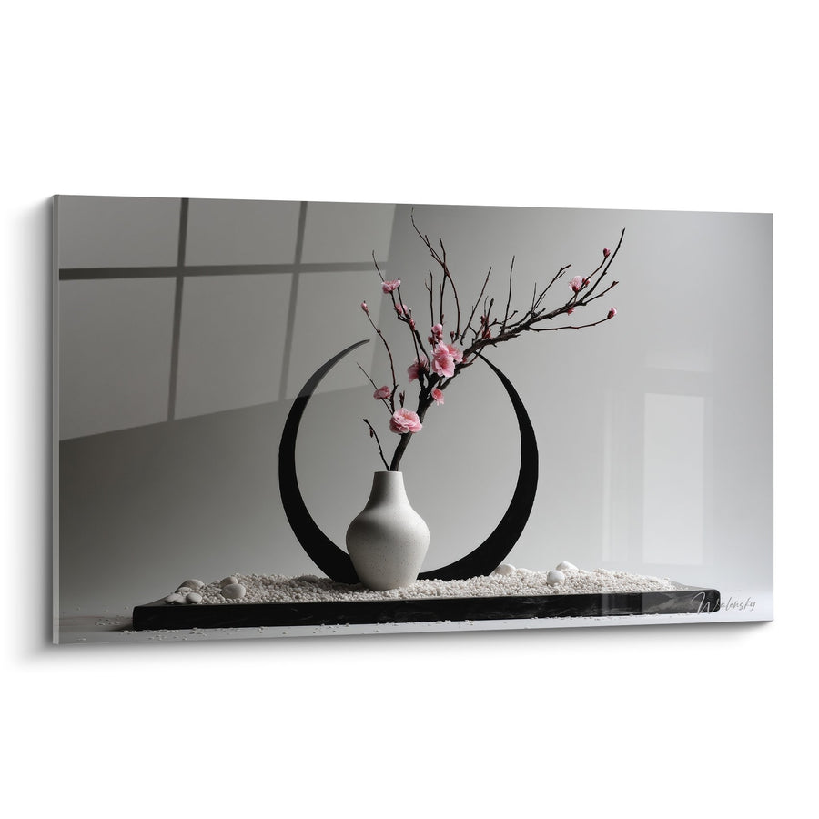 Cuadro Jarra Blanca Ramas Florecientes Rosas Composición Minimalista - Serenidad Zen - Edición Ikebana