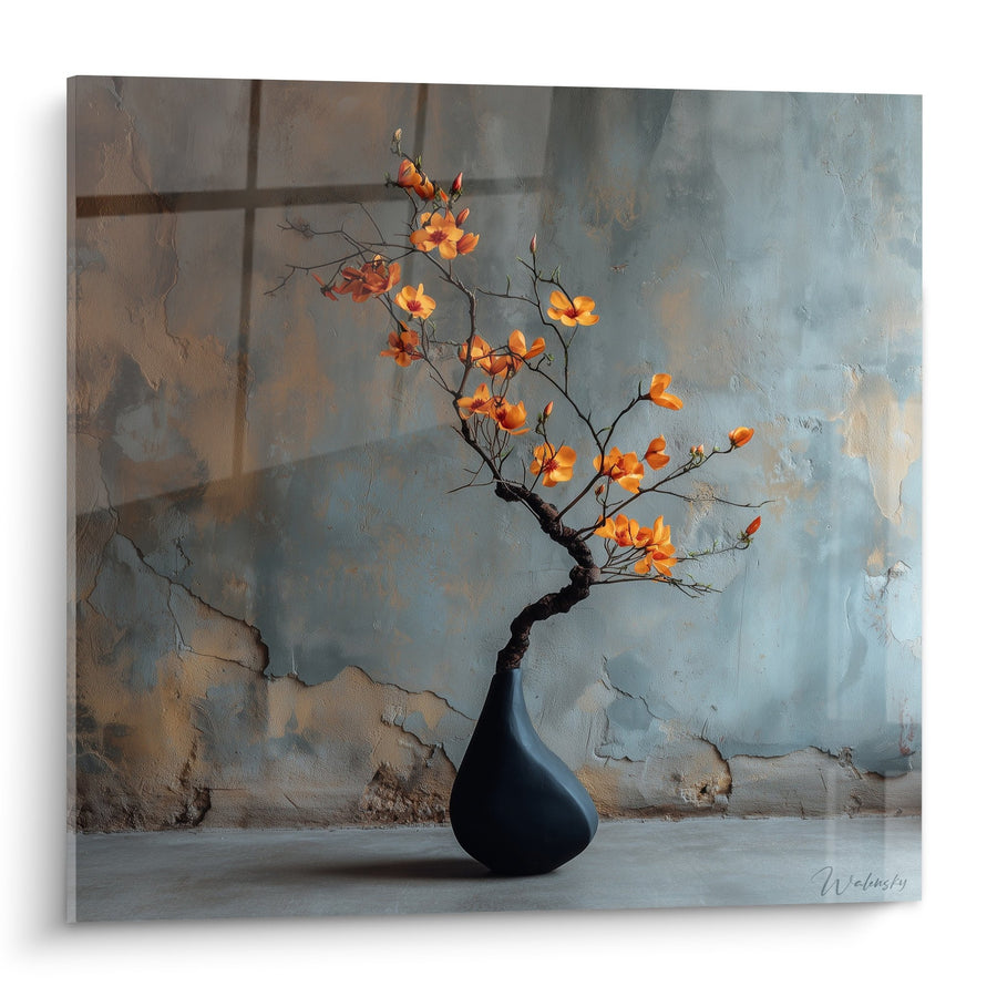 Tableau Vase Bleu Marine avec Branches Fleuries Orange - Sérénité Florale - Edition Ikebana