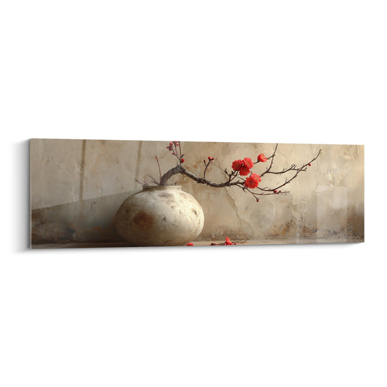 Ceramic Vase Red Flowers Beige Tones Wall Art - Floral Serenity - Ikebana Edition