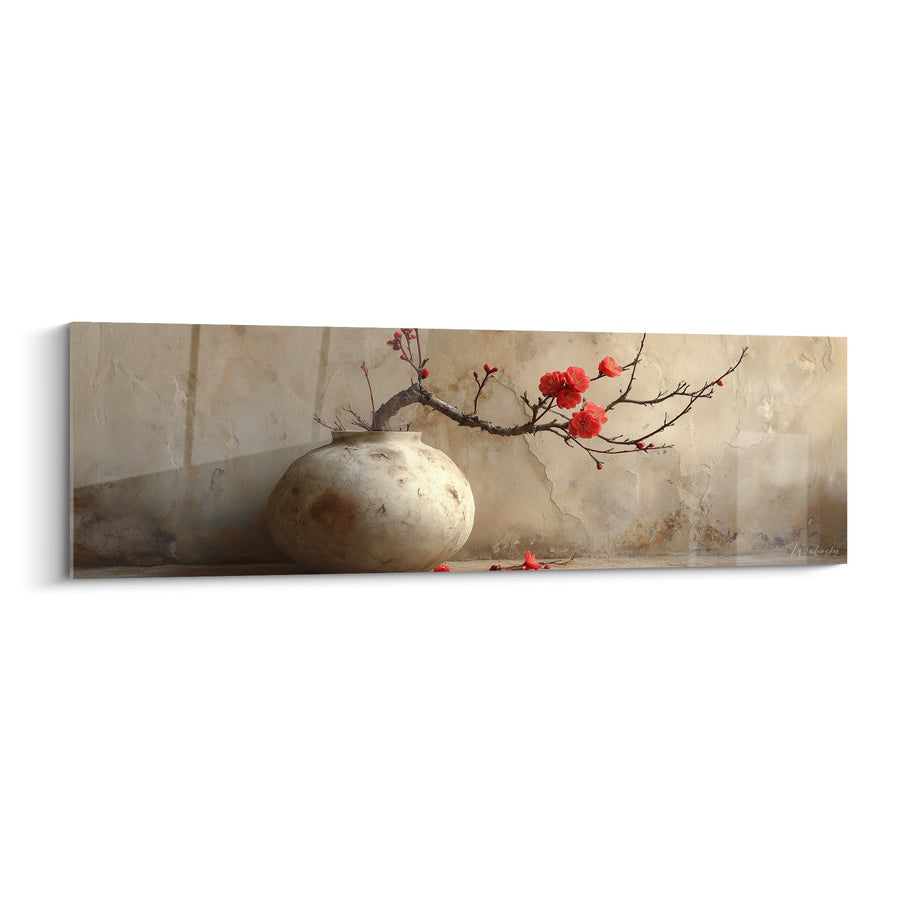 Schilderij Vaas Keramiek Rode Bloemen Beige Tinten - Florale Rust - Editie Ikebana