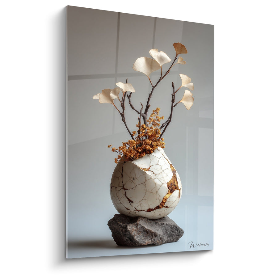Tableau vase blanc craquelé avec branches dorées et feuilles sur pierre grise - Harmonie Naturelle - Edition Ikebana