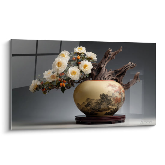 Gold Vase Canvas with White Peonies and Carved Wood - Zen Harmony - Ikebana Edition