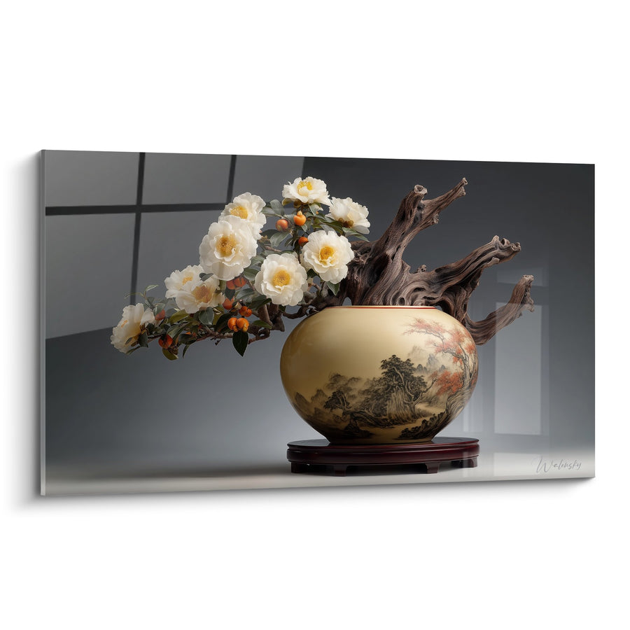 Tabel Vaas Goud met Witte Pioenrozen en Gesneden Hout - Zen Harmonie - Editie Ikebana