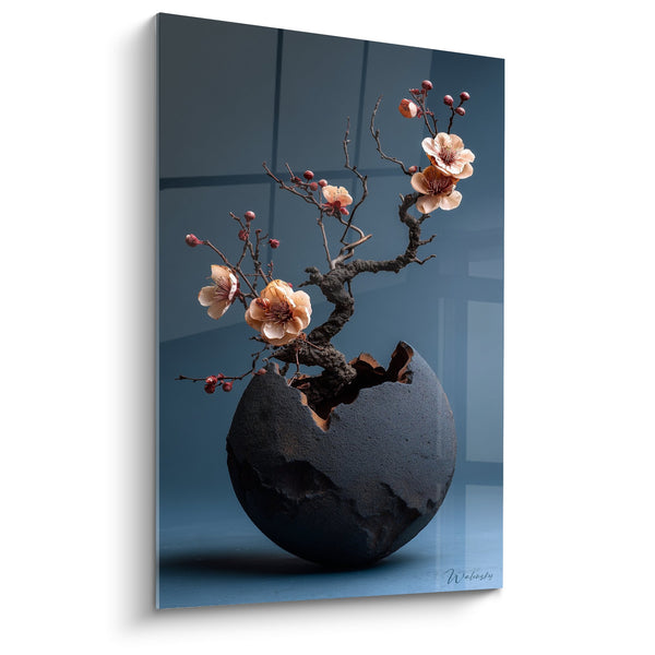 Black Broken Vase Painting with Cherry Blossom Branch and Red Buds - Floral Harmony - Ikebana Edition