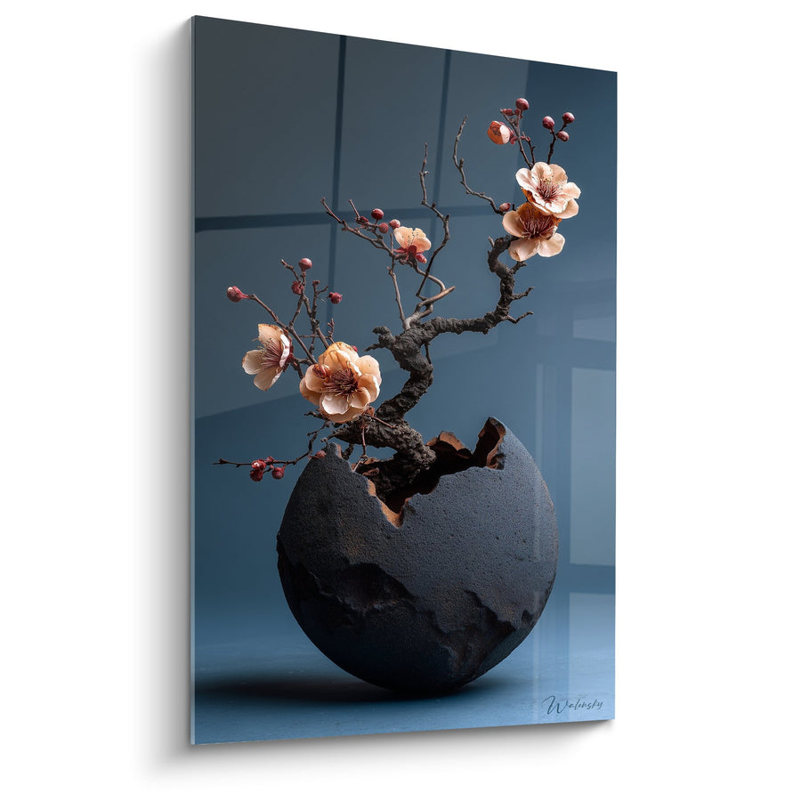 Cuadro de Jarrón Negro Roto con Rama de Cerezo Rosa y Brotes Rojos - Armonía Floral - Edición Ikebana