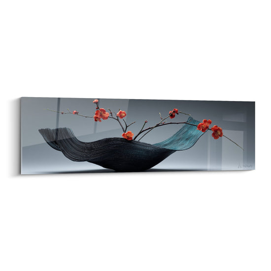 Sculptural Vase Black and Red Cherry Blossom Branches Painting - Japanese Balance - Ikebana Edition