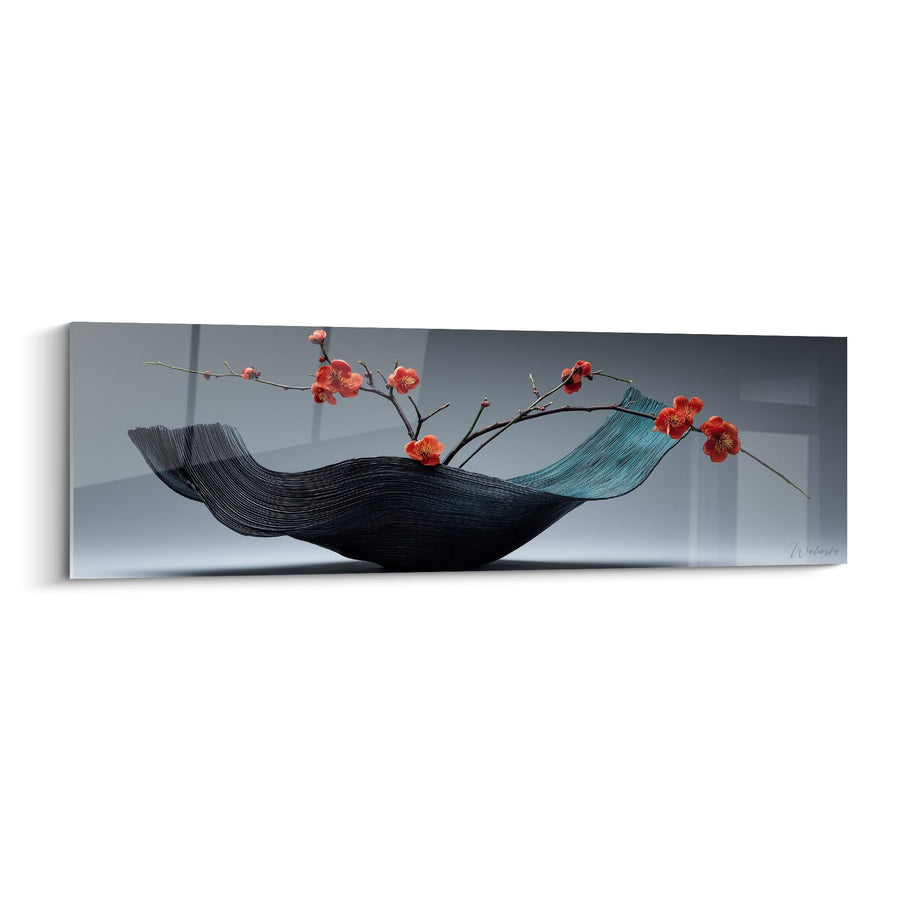 Tabel Vaas Sculpturaal Zwart en Kersenbloesemtakken Rood - Japanse Balans - Ikebana Editie
