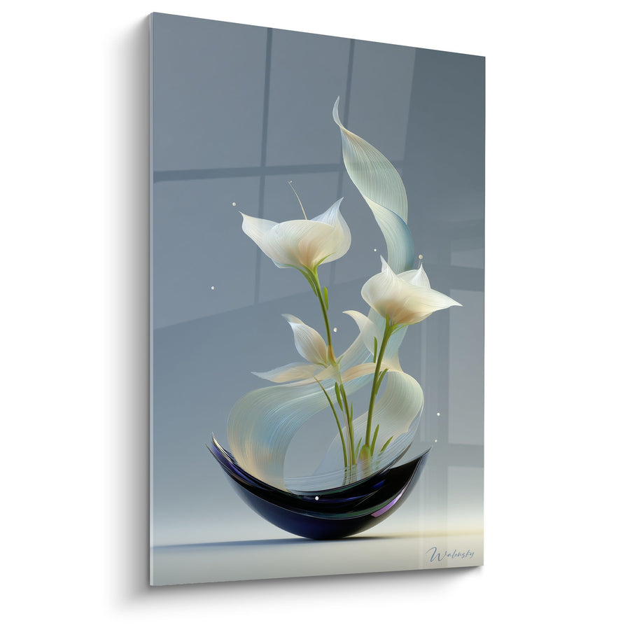 Tableau Composition Florale dans Vase Noir sur Fond Bleu Gris - Élégance Zen - Edition Ikebana