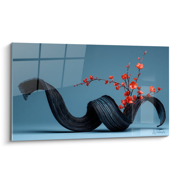 Tabel vaas sculptuur zwart met takken rode koraal bloemen - Florale Harmonie - Editie Ikebana