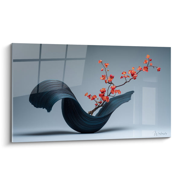 Tabel vaas sculptuur zwart met rode bloemen takken - Harmonie Zen - Editie Ikebana