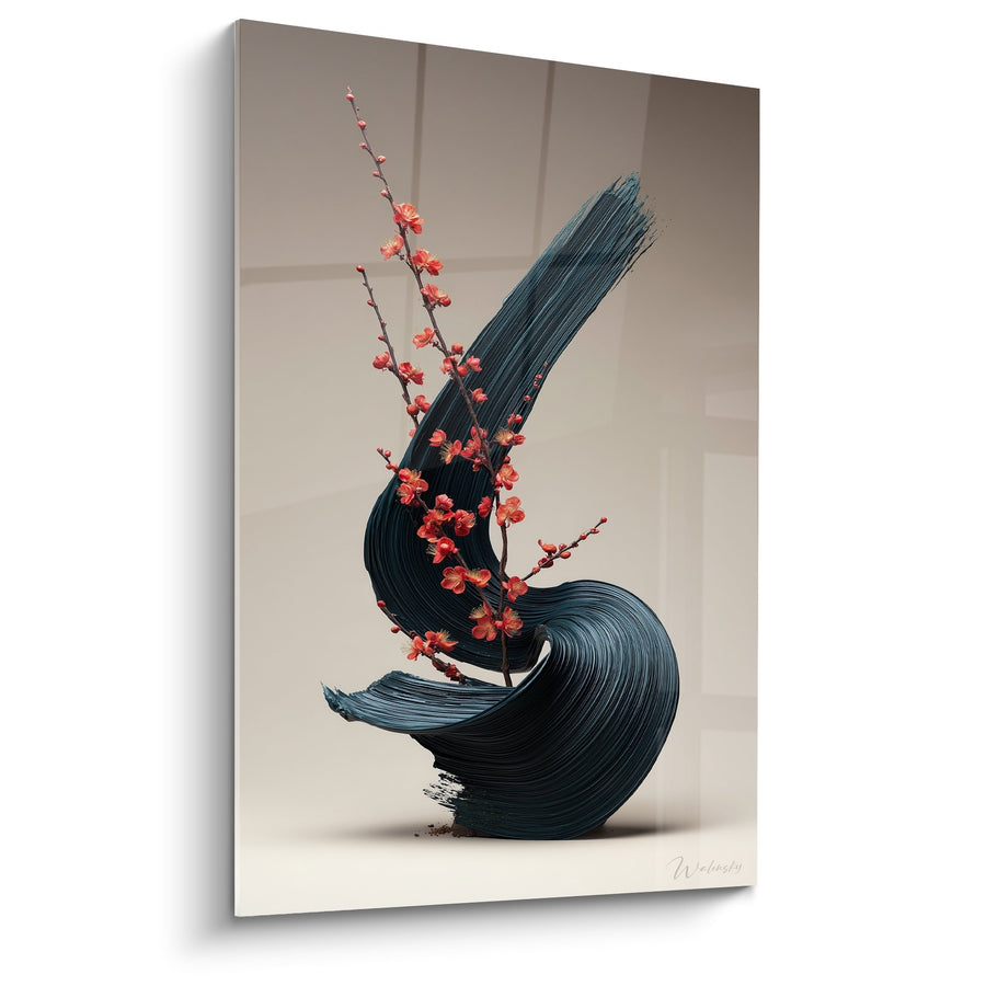 Tableau Vase Sculptural Noir et Branches Fleuries Corail - Harmonie Florale - Edition Ikebana