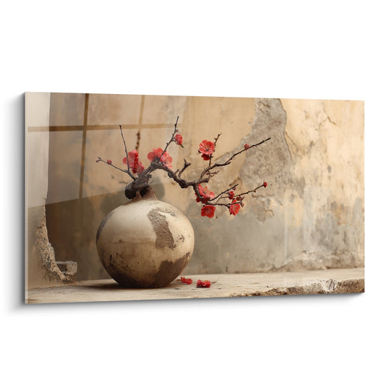 Round terracotta vase with flowering branches with red petals canvas - Zen Harmony - Ikebana Edition