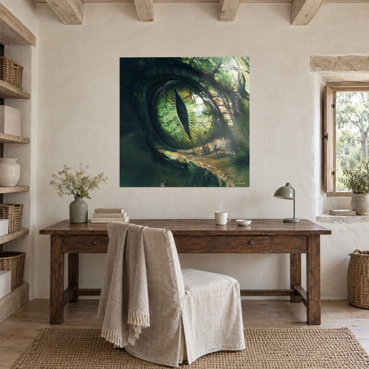 Wall art large reptile eye with copper and green scales, solid oak desk, green lamp, chair draped in grey linen