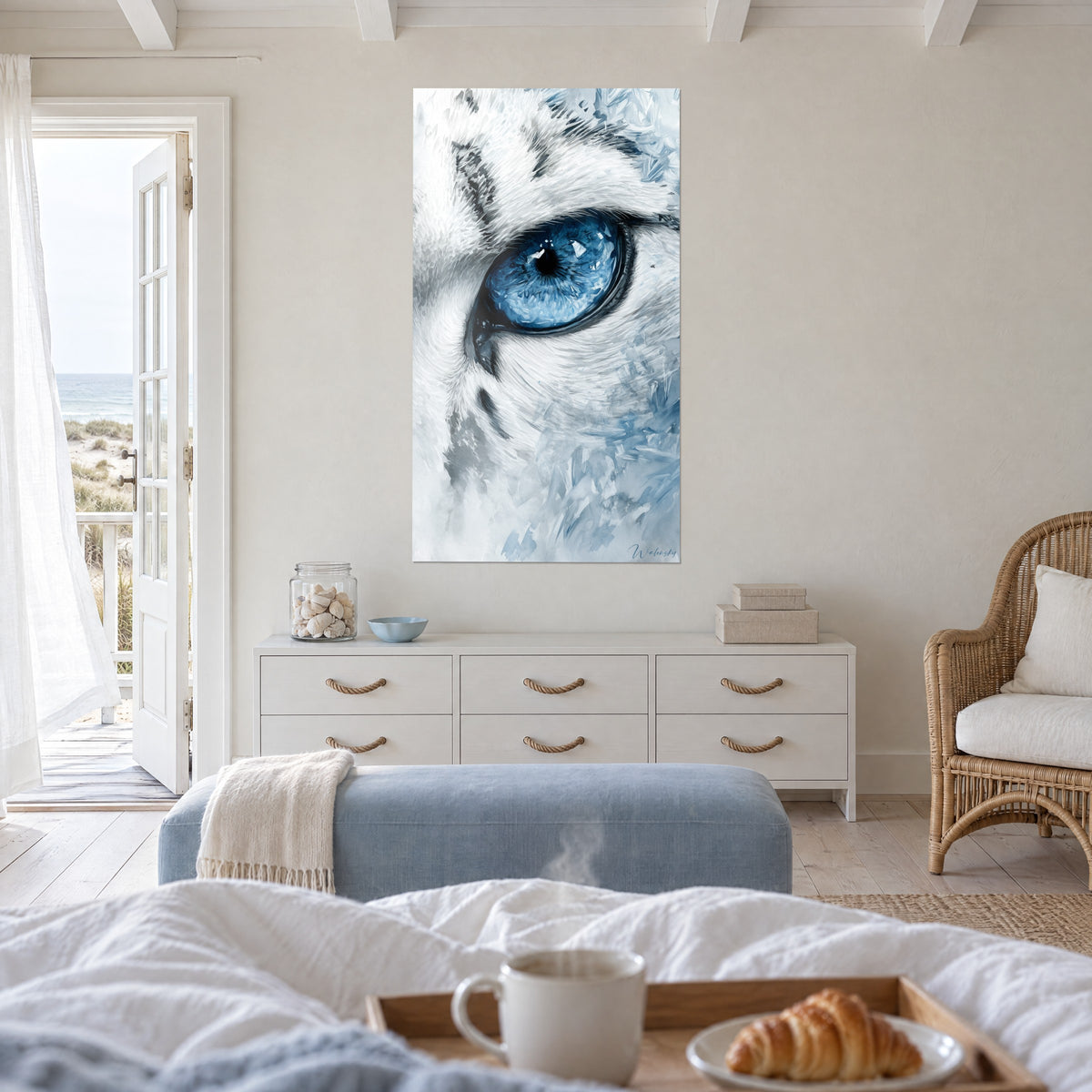 Wall art of a cobalt blue pupil of a polar big cat, ivory fur striped with grey, above a bed in a bright bedroom