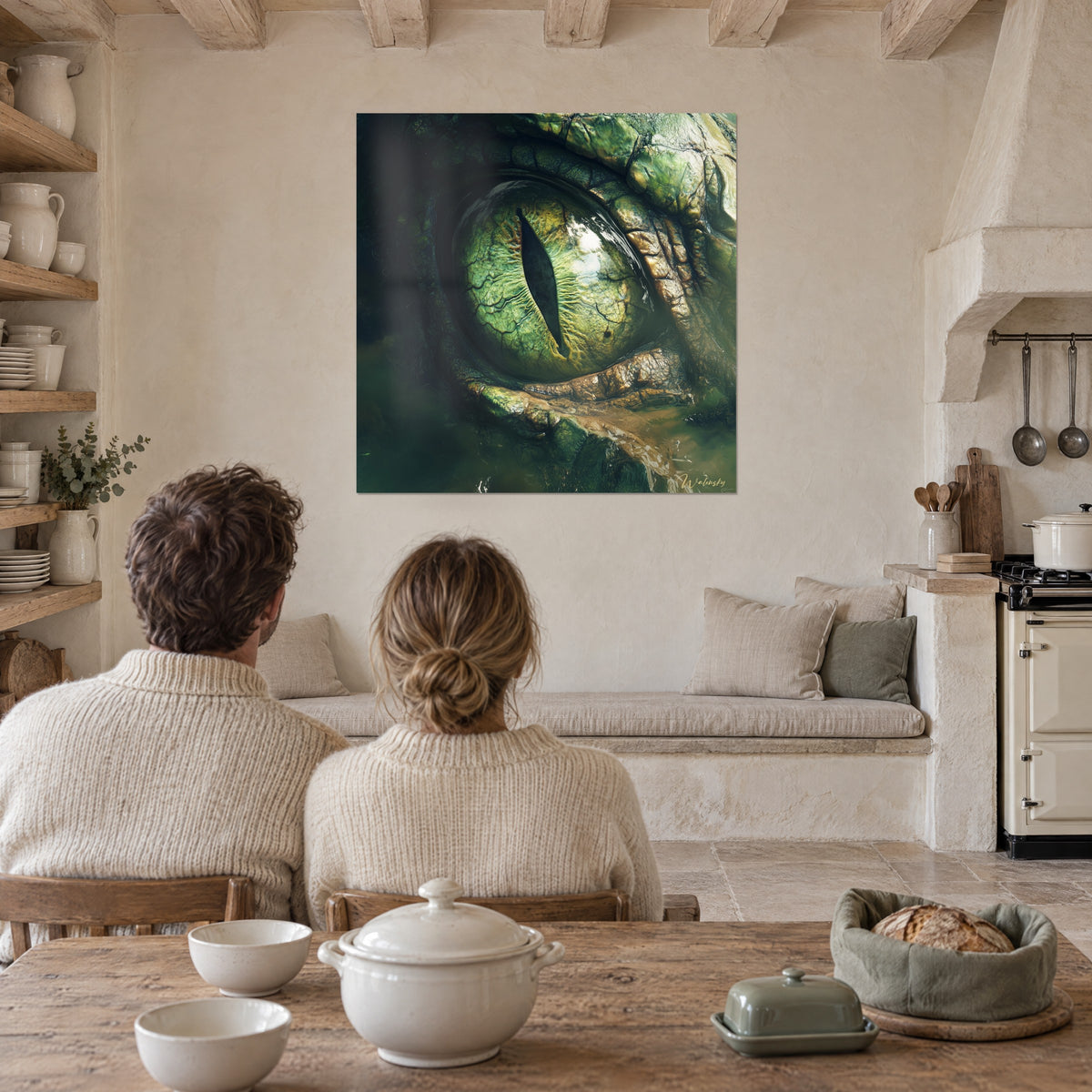 Wall art giant lizard eye, scaly ochre and moss green eyelid, a couple seen from behind at a table, rustic stone kitchen