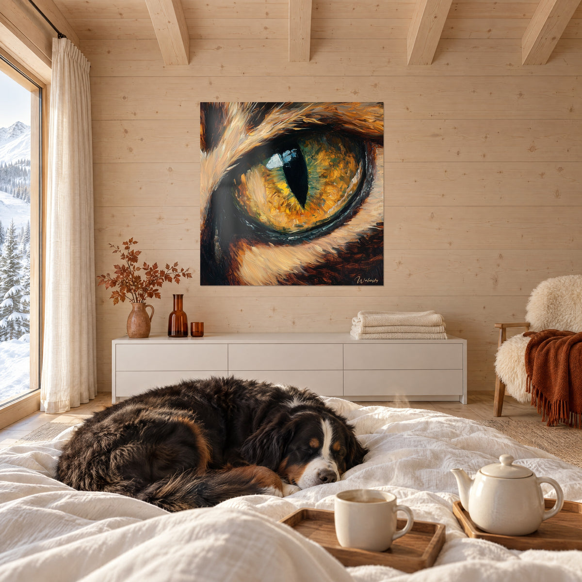 Cuadro lince de iris naranja y verde, pupila vertical negra, pelaje beige pintado con trazos amplios, colgado sobre una cama en un dormitorio luminoso