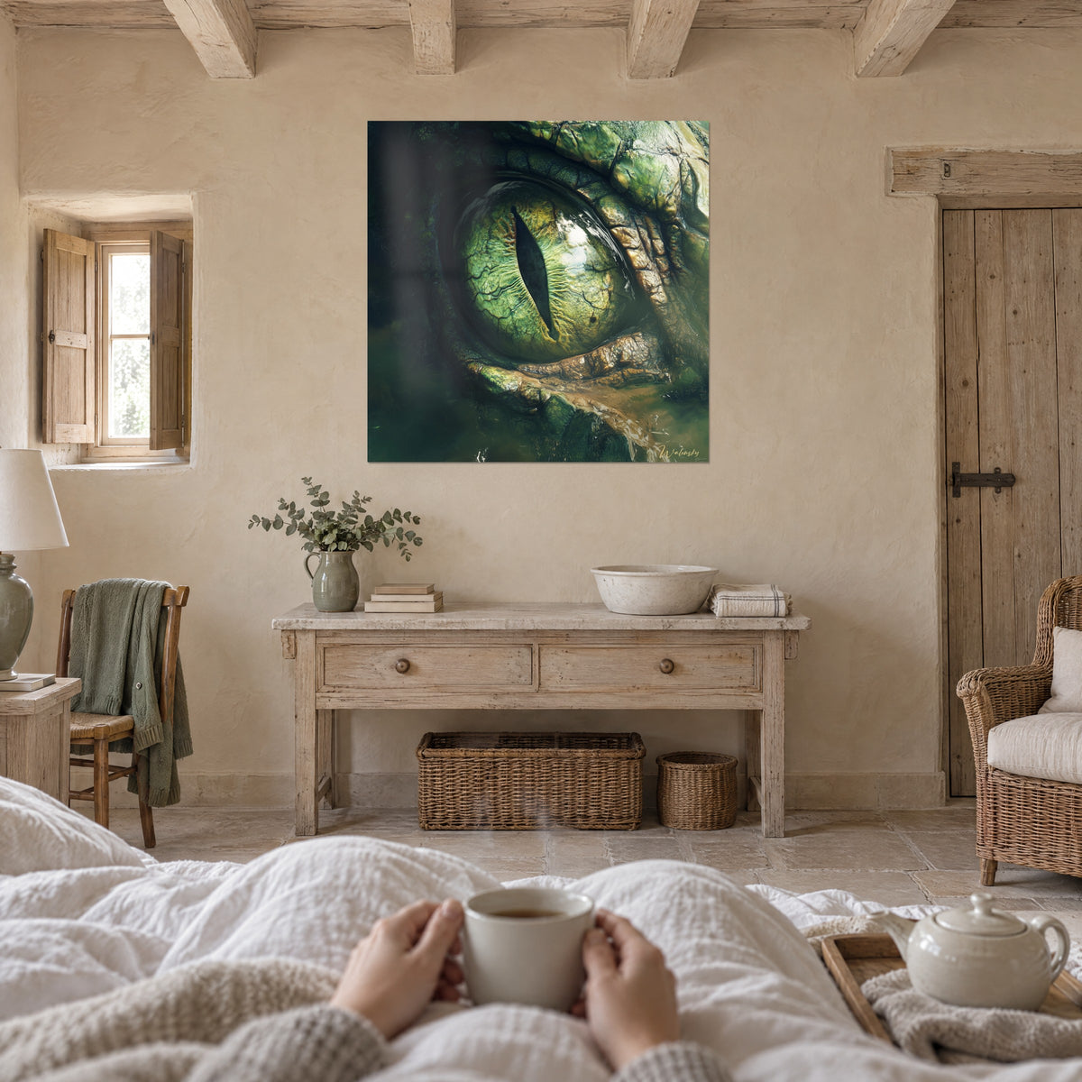 Wall art black vertical pupil of an emerald green and bronze dragon, two hands holding a cup, above a bed in a bright bedroom