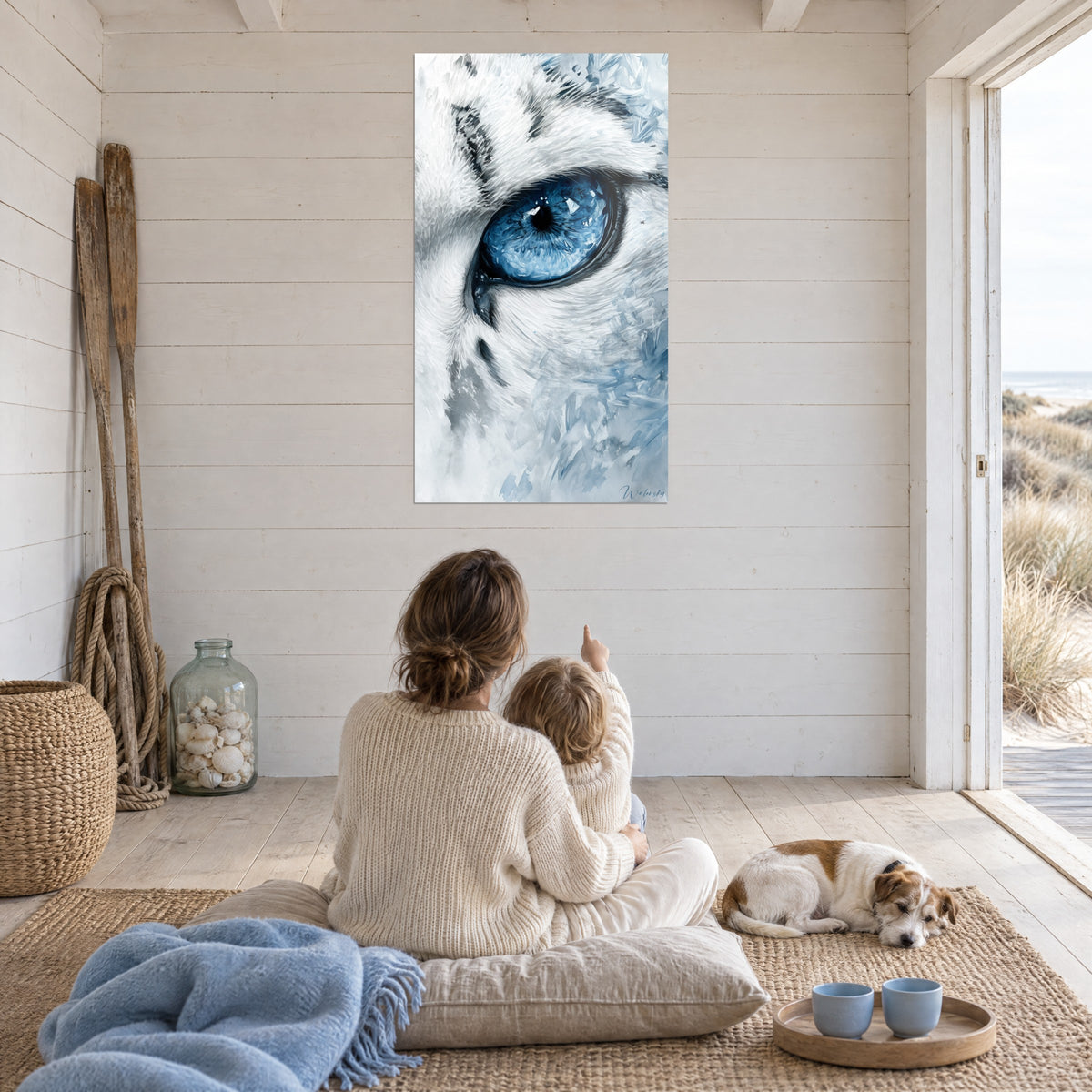 Wall art of the eyes of a frost-blue polar wolf, white fur in vivid brushstrokes, facing a mother, her child and a den