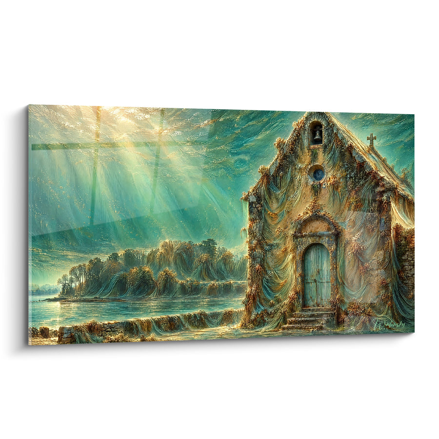 Painting Golden Chapel with Turquoise Rays - Sacred Light - Île-aux-Moines Edition Brittany France