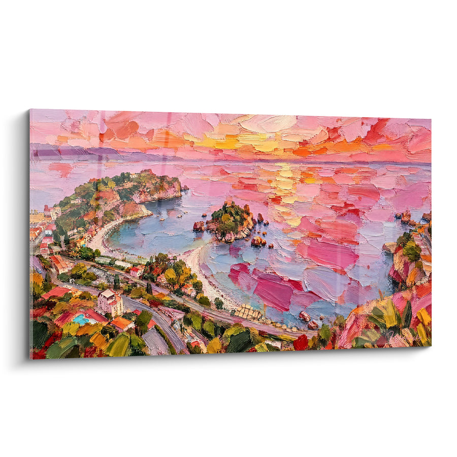 Tableau Île Isola Bella aux reflets roses et dorés - Coucher embrasé - Edition Île Belle Sicile Italie