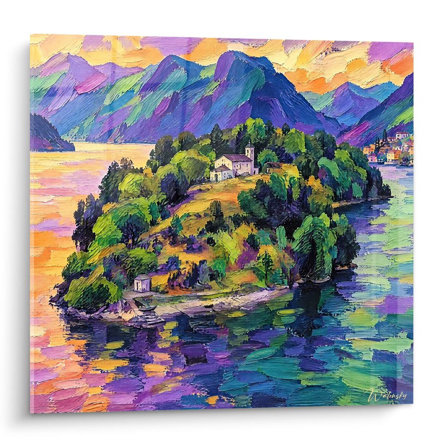 Tableau Île sur lac aux reflets violets et dorés - Crépuscule suspendu - Edition Île Comacina Lombardie Italie
