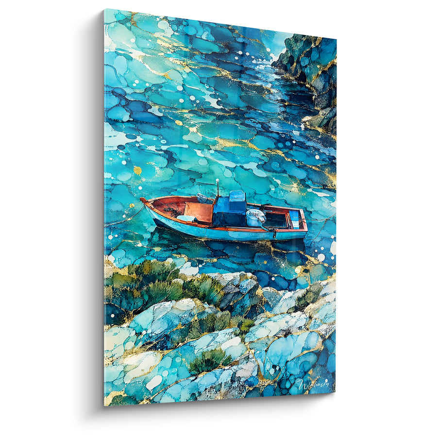 Tableau Barque turquoise et orangée sur eaux cristallines - Ancrage paisible - Edition Île de Levanzo Sicile Italie