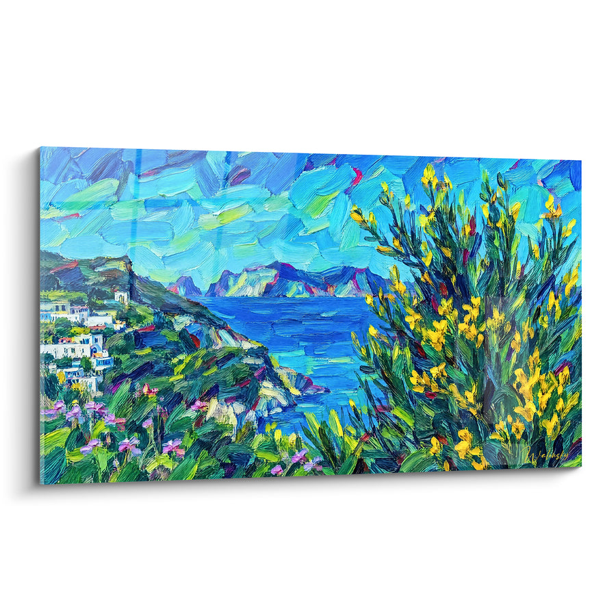 Tableau Côte méditerranéenne aux genêts jaunes et bleu azur - Promenade fleurie sur la côte - Edition Île de Ponza Latium Italie