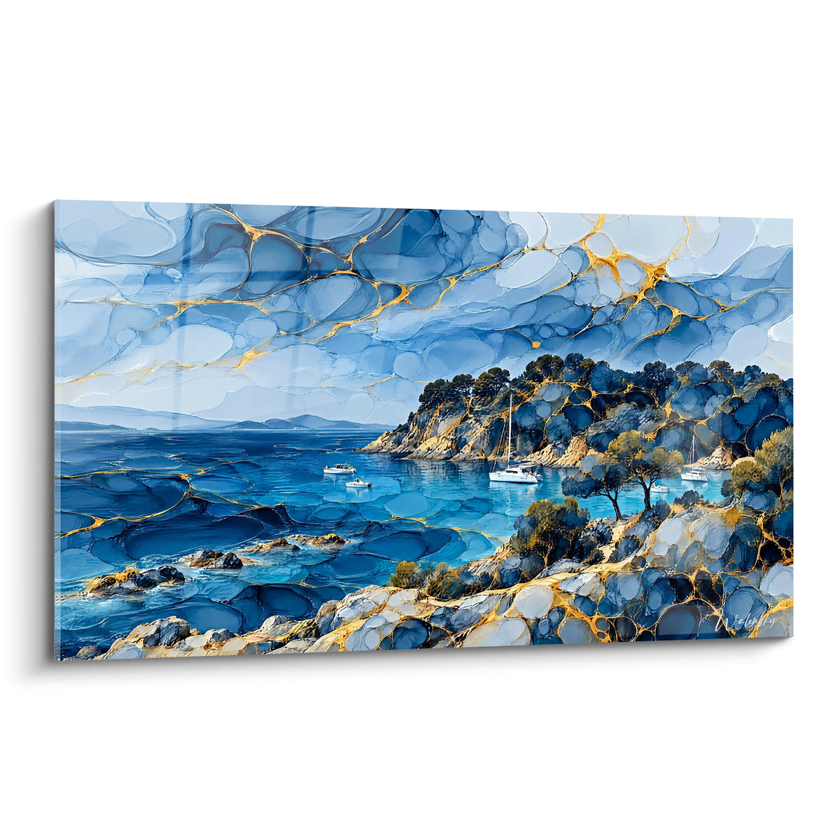 Crique de Porquerolles en bleu marine et doré, voiliers blancs sur une eau turquoise marbrée