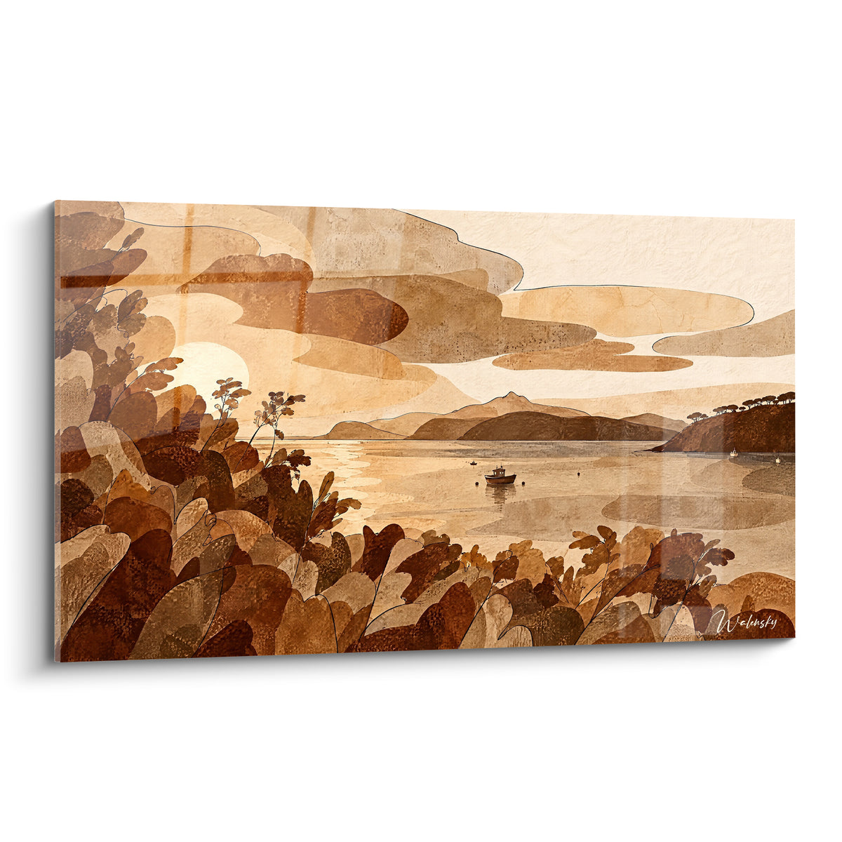 Tableau baie toscane au bateau isolé, collines ocre et brunes sous ciel doré, style graphique