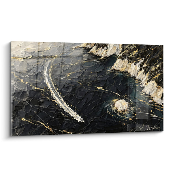Tableau Bateau blanc fendant une mer anthracite dorée - Sillage solitaire - Edition Île d'Elbe Toscane Italie