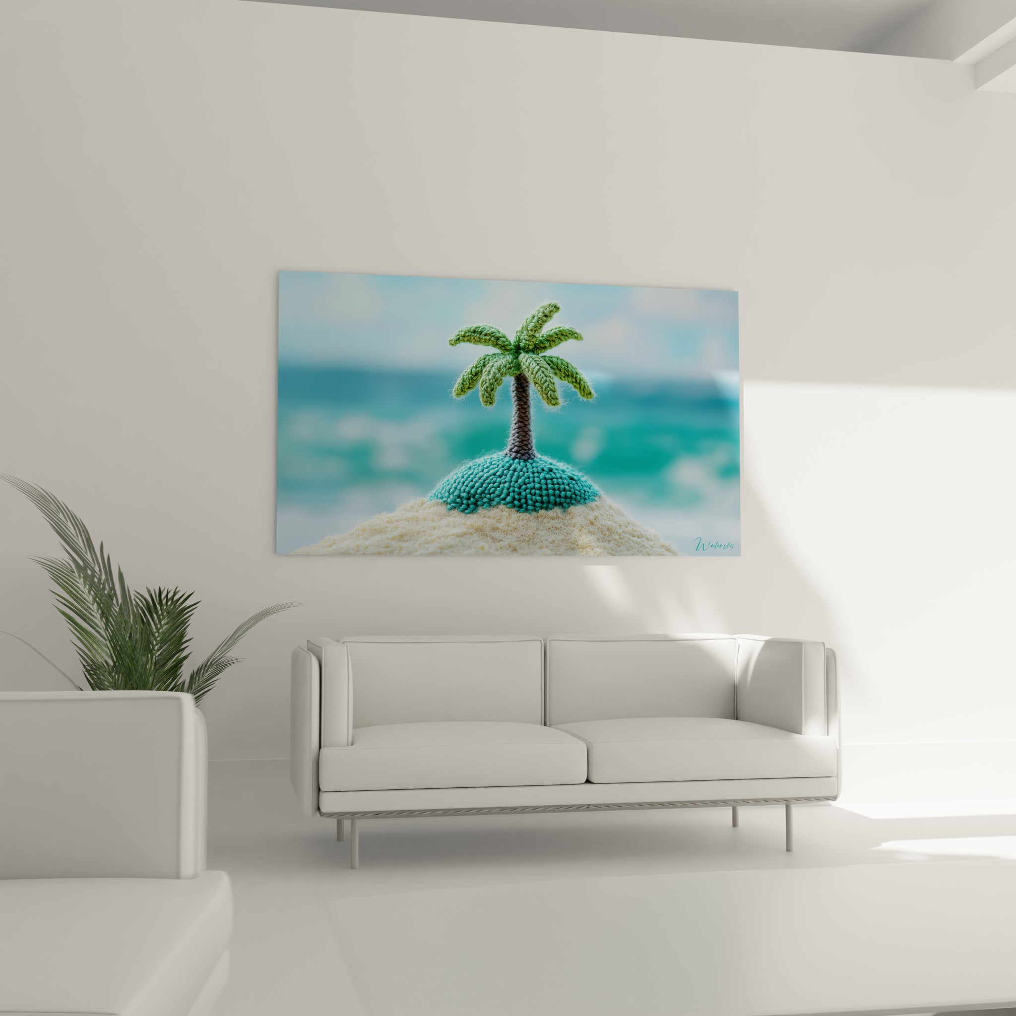 Un tableau oasis crochetée présentant un palmier minutieusement travaillé en fil vert, émergeant d'une base circulaire turquoise sur socle beige, avec des détails texturés évoquant un paysage tropical miniaturisé.
