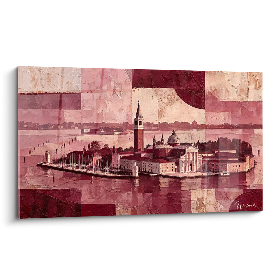 Tableau Basilique et campanile encadrés de patchwork bordeaux - Mémoire lagunaire - Edition Île de San Giorgio Maggiore Vénétie Italie