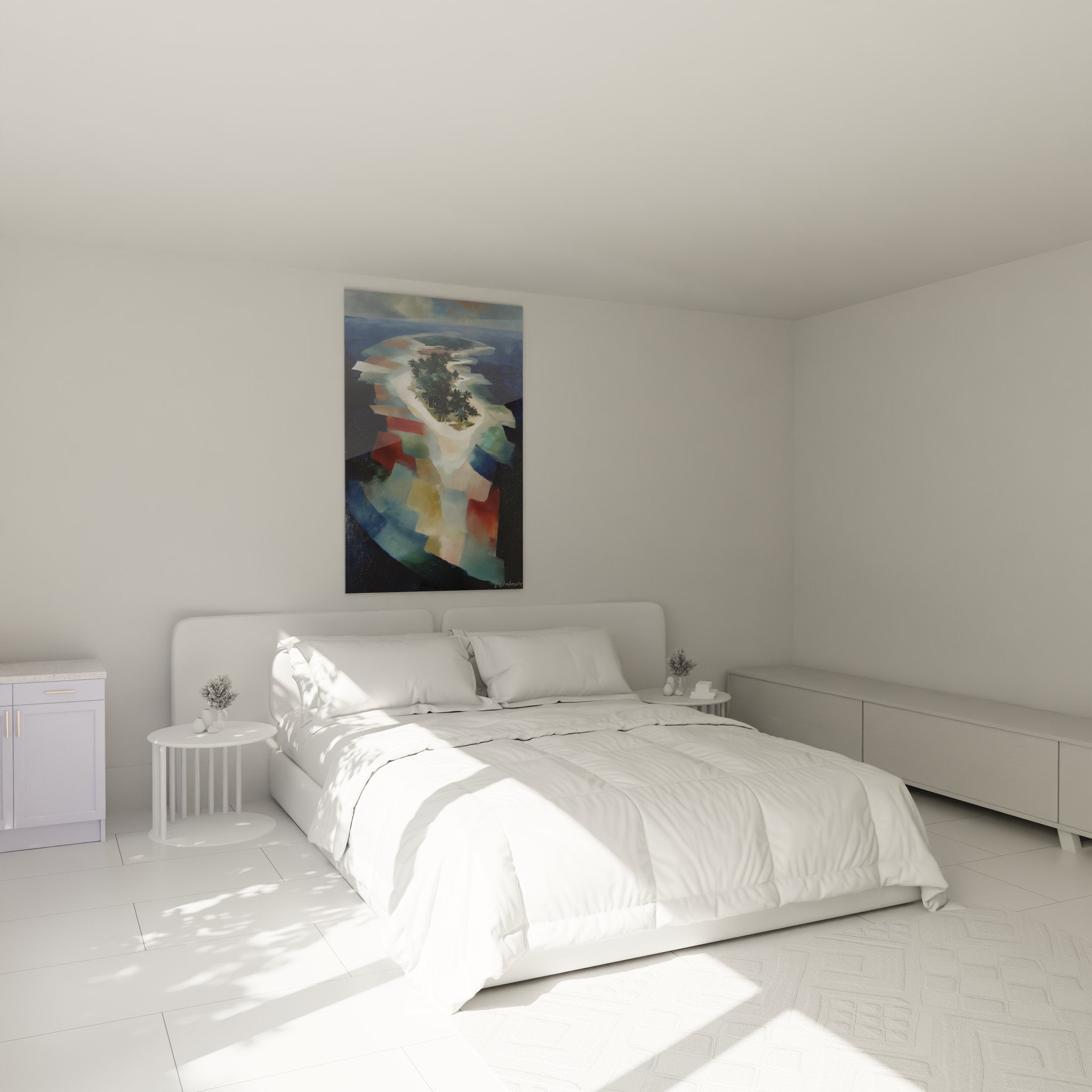 Ambiance chambre avec tableau île tropicale palmiers, décoration murale paradis exotique
