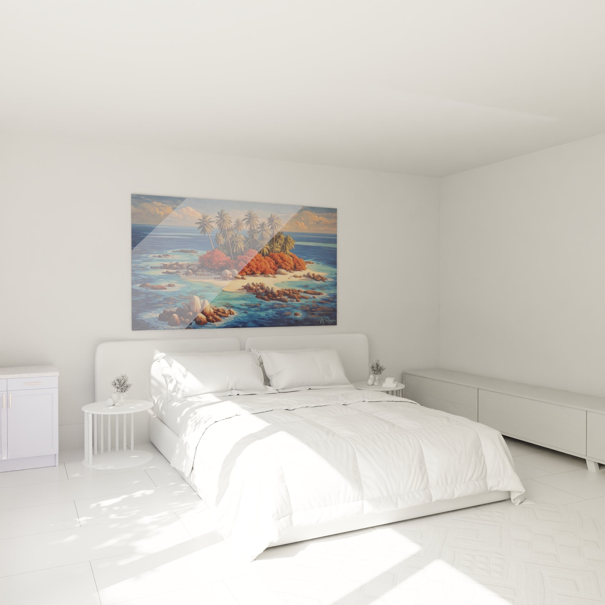 Tableau île tropicale en décoration chambre, ambiance exotique apaisante avec palmiers